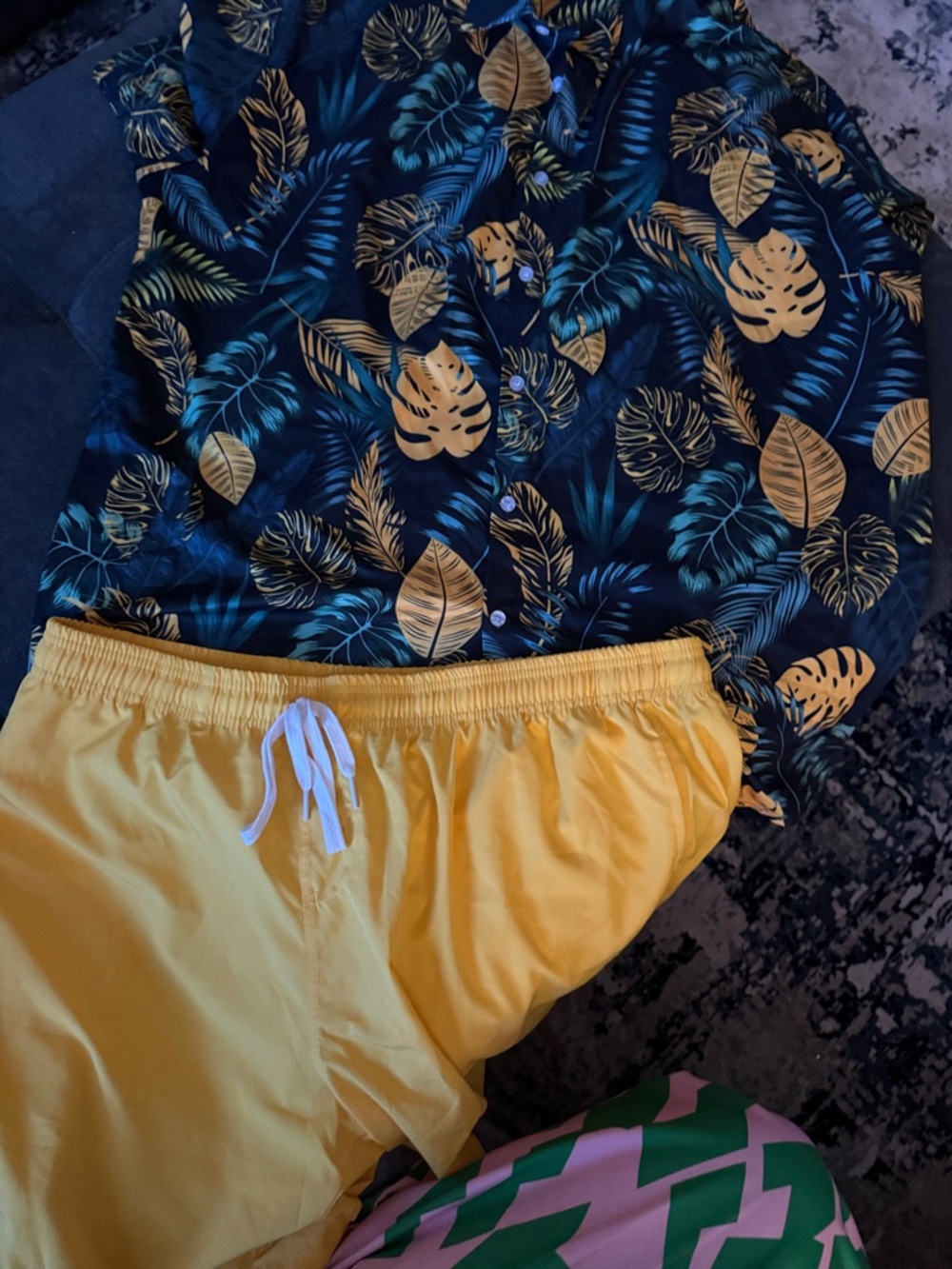 Tropical Leaf Button-Up Shirt with Yellow Shorts